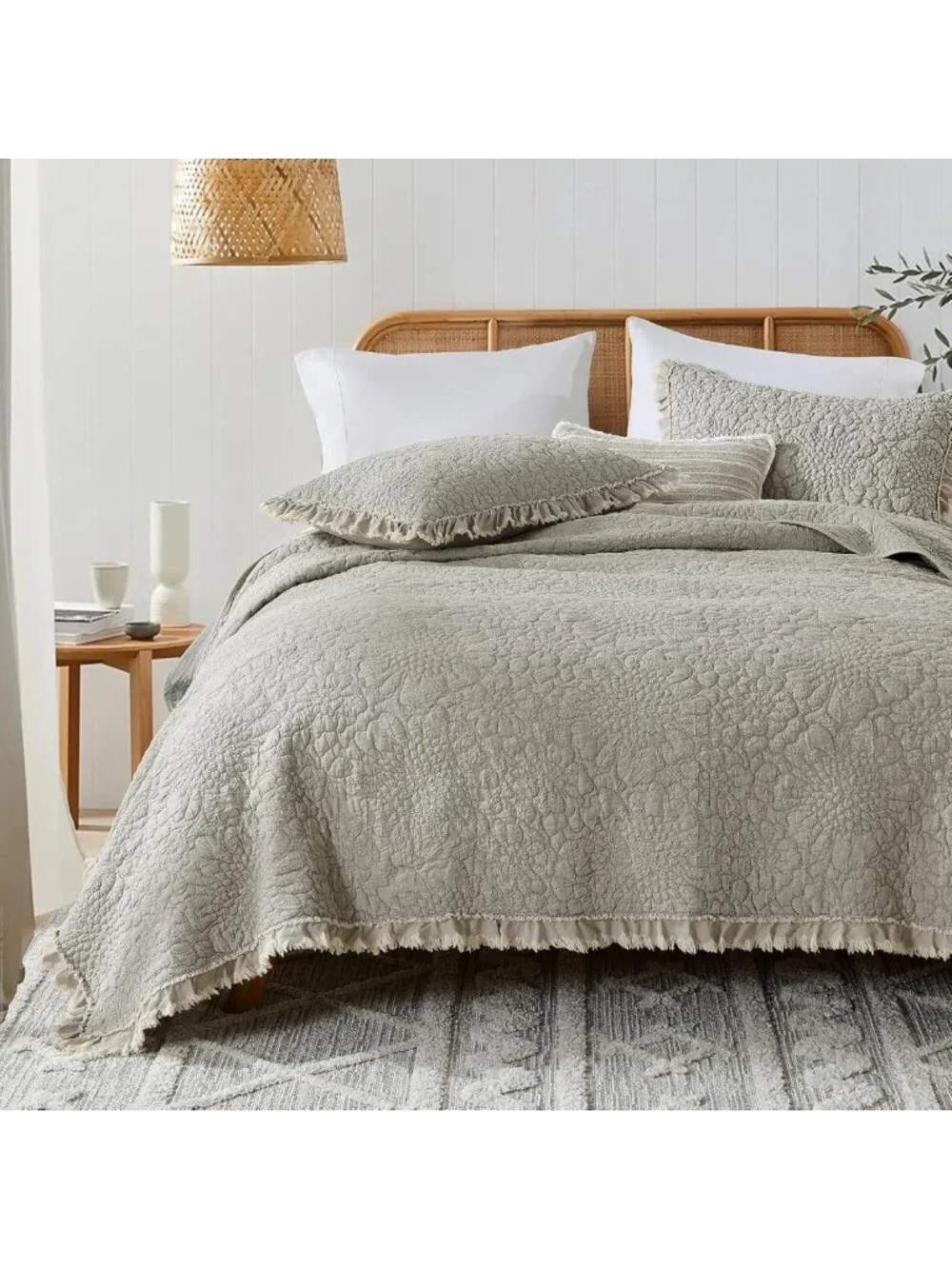 Beige Ruffled Queen Quilt Set - Lightweight Microfiber, Reversible Farmhouse